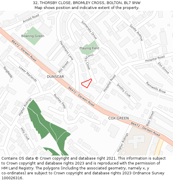 32, THORSBY CLOSE, BROMLEY CROSS, BOLTON, BL7 9NW: Location map and indicative extent of plot