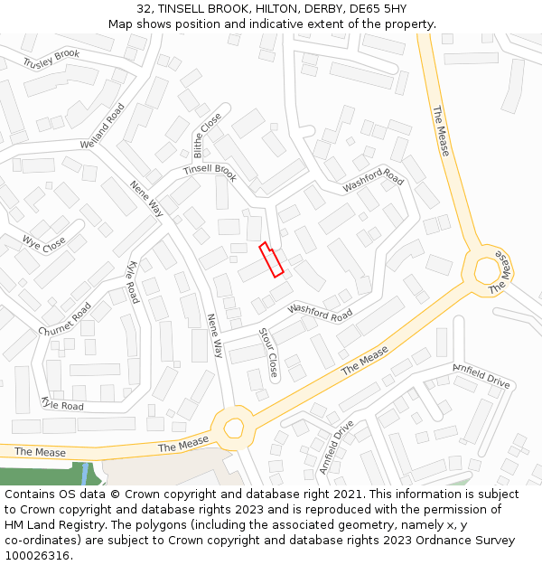 32, TINSELL BROOK, HILTON, DERBY, DE65 5HY: Location map and indicative extent of plot