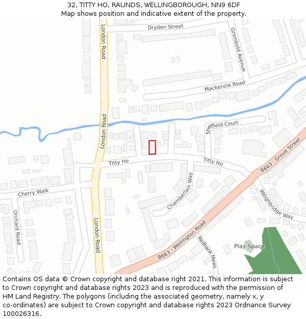 32, TITTY HO, RAUNDS, WELLINGBOROUGH, NN9 6DF: Location map and indicative extent of plot
