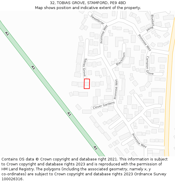 32, TOBIAS GROVE, STAMFORD, PE9 4BD: Location map and indicative extent of plot