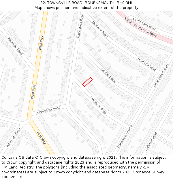 32, TOWNSVILLE ROAD, BOURNEMOUTH, BH9 3HL: Location map and indicative extent of plot