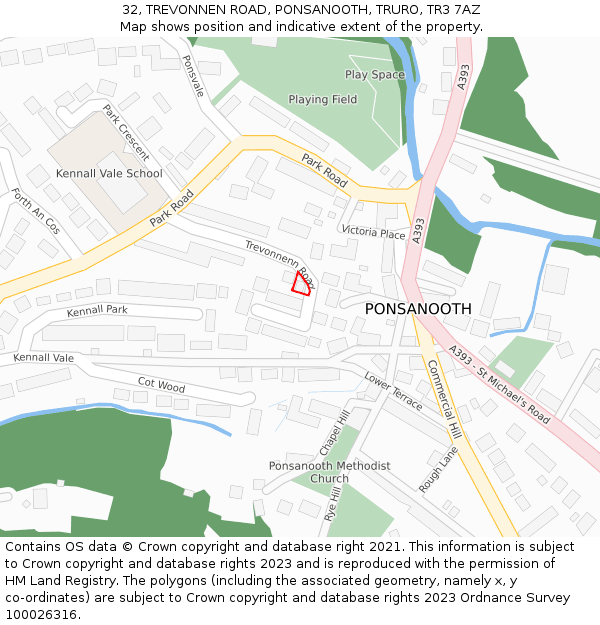 32, TREVONNEN ROAD, PONSANOOTH, TRURO, TR3 7AZ: Location map and indicative extent of plot