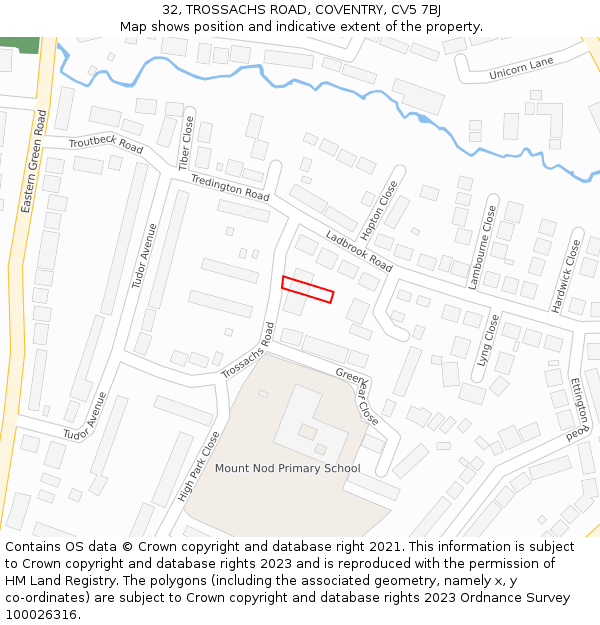 32, TROSSACHS ROAD, COVENTRY, CV5 7BJ: Location map and indicative extent of plot
