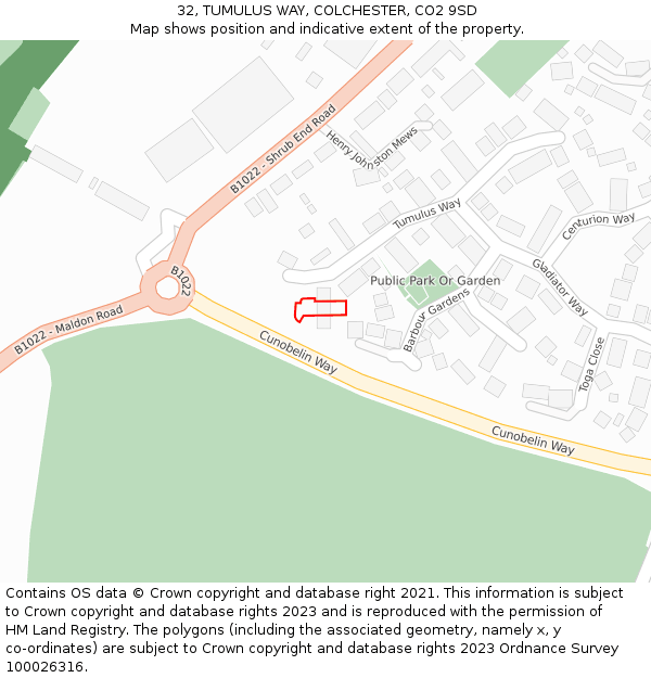 32, TUMULUS WAY, COLCHESTER, CO2 9SD: Location map and indicative extent of plot