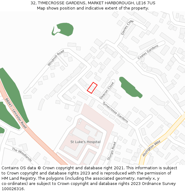 32, TYMECROSSE GARDENS, MARKET HARBOROUGH, LE16 7US: Location map and indicative extent of plot