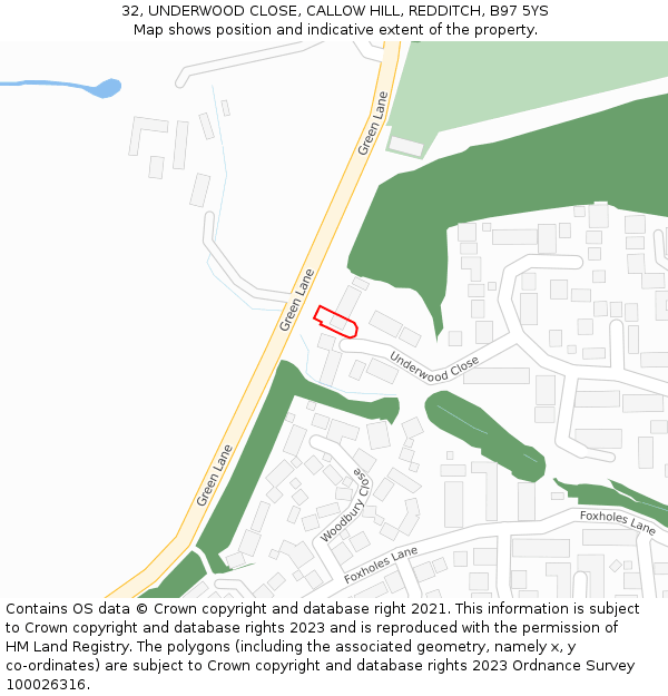 32, UNDERWOOD CLOSE, CALLOW HILL, REDDITCH, B97 5YS: Location map and indicative extent of plot