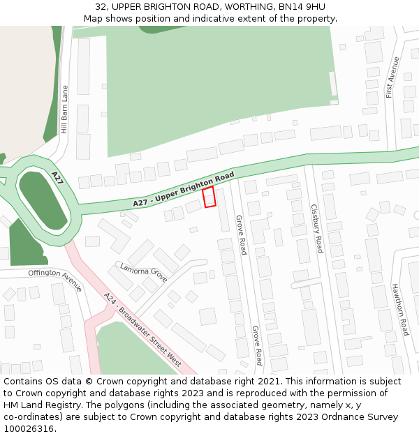 32, UPPER BRIGHTON ROAD, WORTHING, BN14 9HU: Location map and indicative extent of plot