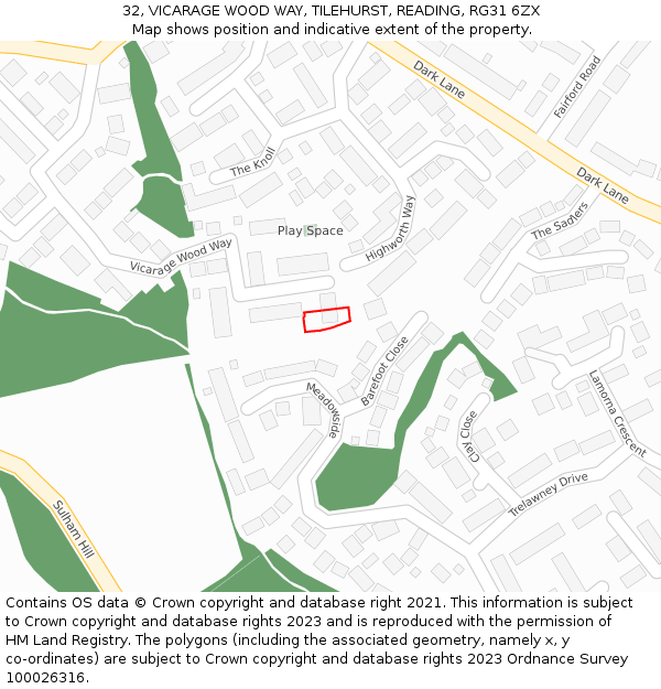 32, VICARAGE WOOD WAY, TILEHURST, READING, RG31 6ZX: Location map and indicative extent of plot