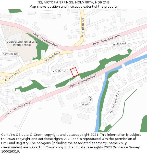 32, VICTORIA SPRINGS, HOLMFIRTH, HD9 2NB: Location map and indicative extent of plot