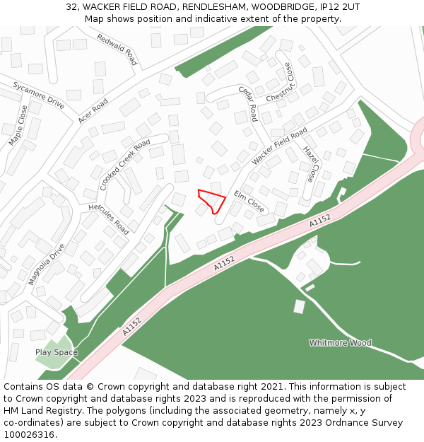 32, WACKER FIELD ROAD, RENDLESHAM, WOODBRIDGE, IP12 2UT: Location map and indicative extent of plot