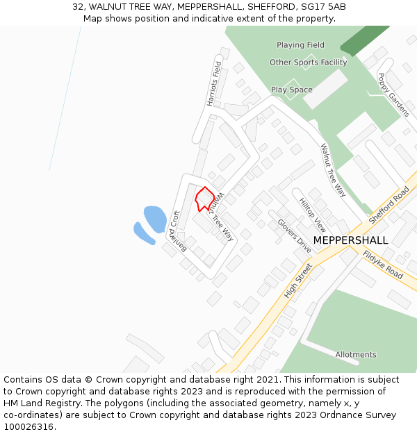 32, WALNUT TREE WAY, MEPPERSHALL, SHEFFORD, SG17 5AB: Location map and indicative extent of plot