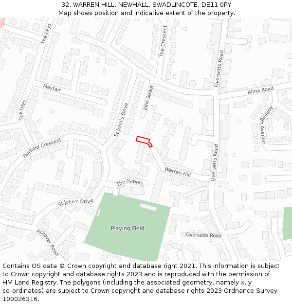 32, WARREN HILL, NEWHALL, SWADLINCOTE, DE11 0PY: Location map and indicative extent of plot