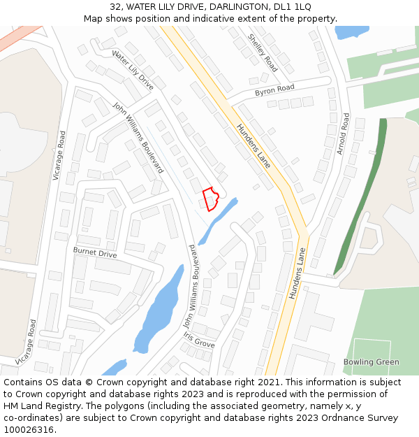 32, WATER LILY DRIVE, DARLINGTON, DL1 1LQ: Location map and indicative extent of plot