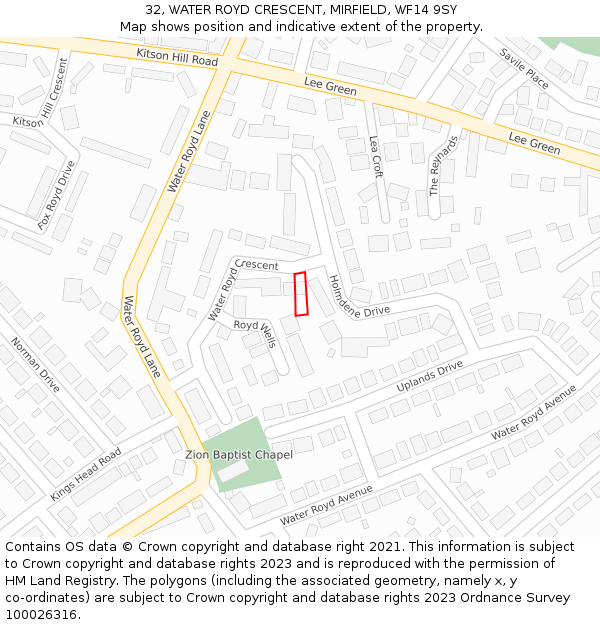 32, WATER ROYD CRESCENT, MIRFIELD, WF14 9SY: Location map and indicative extent of plot