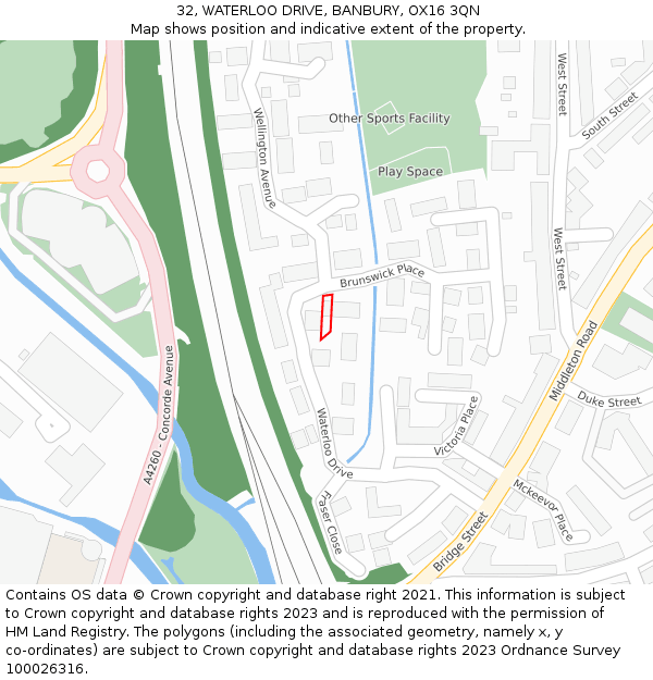 32, WATERLOO DRIVE, BANBURY, OX16 3QN: Location map and indicative extent of plot