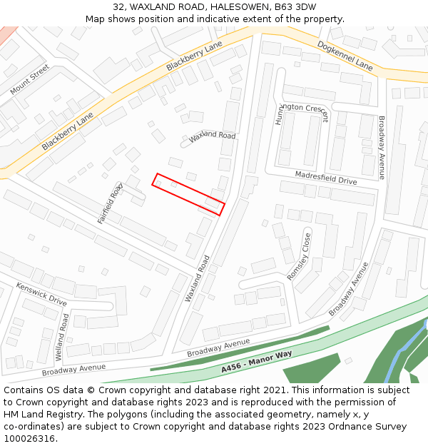32, WAXLAND ROAD, HALESOWEN, B63 3DW: Location map and indicative extent of plot