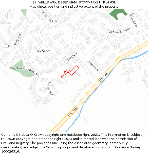 32, WELLS WAY, DEBENHAM, STOWMARKET, IP14 6SL: Location map and indicative extent of plot