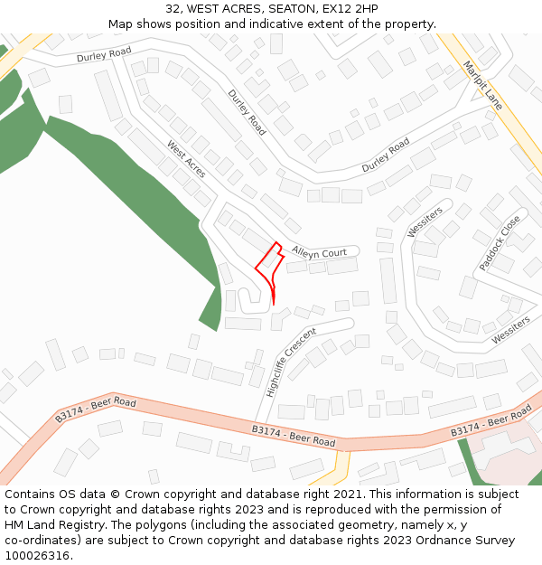 32, WEST ACRES, SEATON, EX12 2HP: Location map and indicative extent of plot