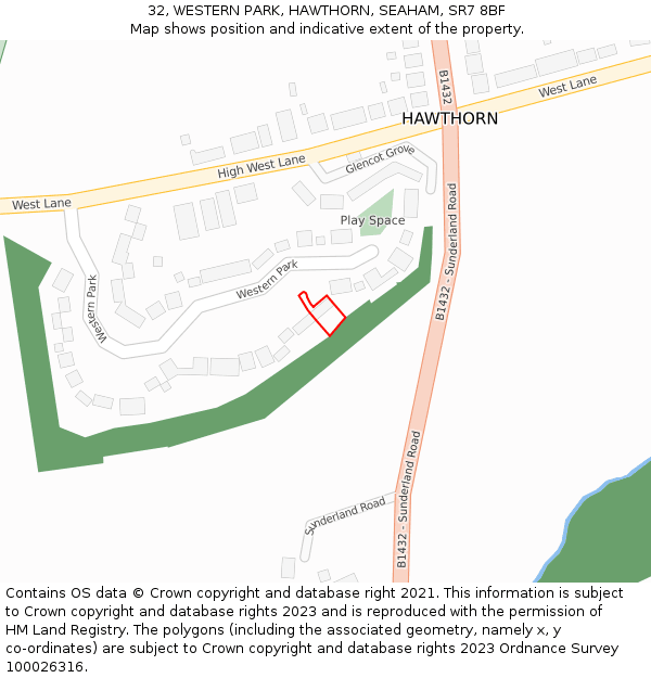 32, WESTERN PARK, HAWTHORN, SEAHAM, SR7 8BF: Location map and indicative extent of plot