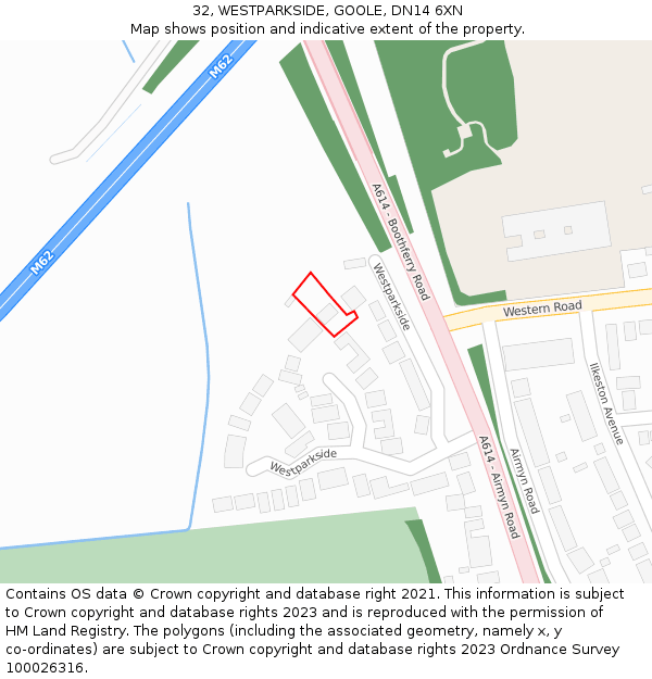 32, WESTPARKSIDE, GOOLE, DN14 6XN: Location map and indicative extent of plot
