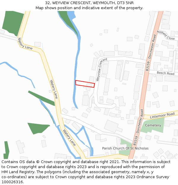 32, WEYVIEW CRESCENT, WEYMOUTH, DT3 5NR: Location map and indicative extent of plot
