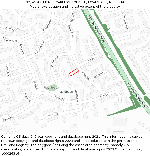32, WHARFEDALE, CARLTON COLVILLE, LOWESTOFT, NR33 8TA: Location map and indicative extent of plot
