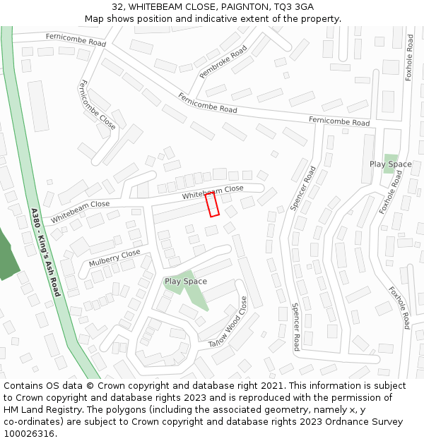 32, WHITEBEAM CLOSE, PAIGNTON, TQ3 3GA: Location map and indicative extent of plot