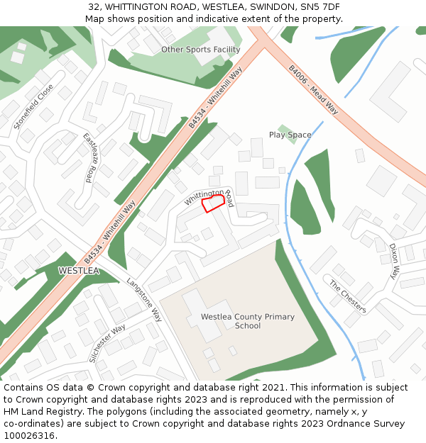 32, WHITTINGTON ROAD, WESTLEA, SWINDON, SN5 7DF: Location map and indicative extent of plot