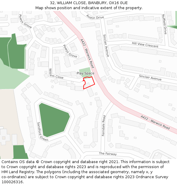 32, WILLIAM CLOSE, BANBURY, OX16 0UE: Location map and indicative extent of plot
