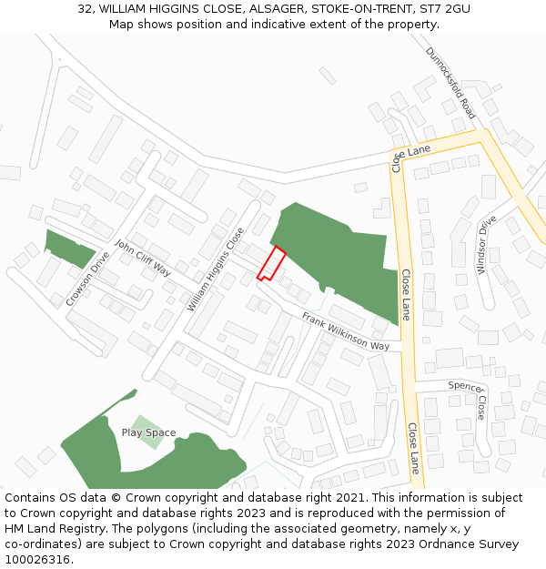 32, WILLIAM HIGGINS CLOSE, ALSAGER, STOKE-ON-TRENT, ST7 2GU: Location map and indicative extent of plot