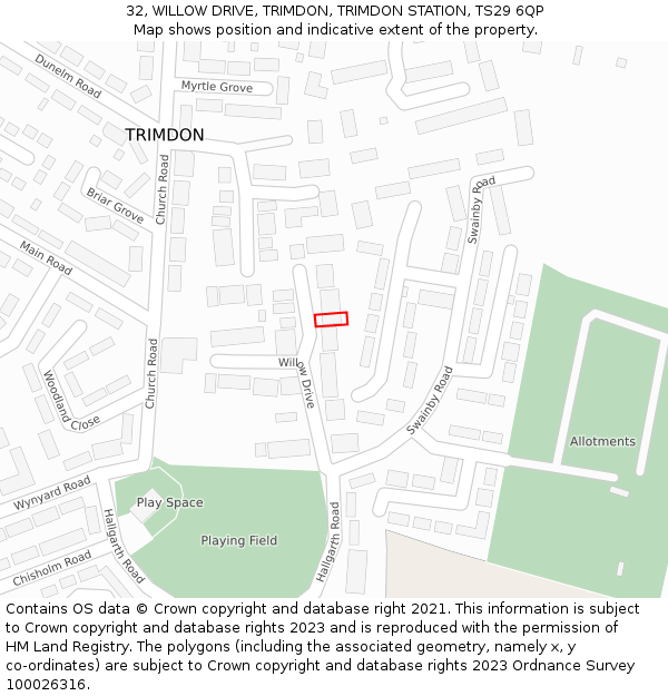 32, WILLOW DRIVE, TRIMDON, TRIMDON STATION, TS29 6QP: Location map and indicative extent of plot