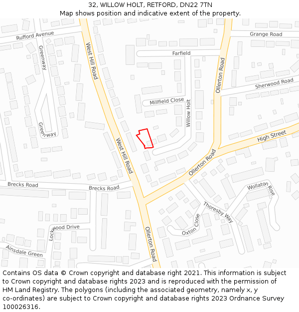 32, WILLOW HOLT, RETFORD, DN22 7TN: Location map and indicative extent of plot