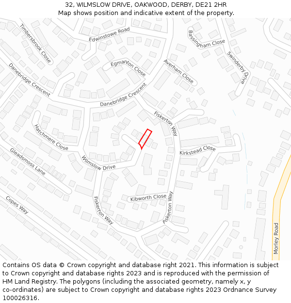 32, WILMSLOW DRIVE, OAKWOOD, DERBY, DE21 2HR: Location map and indicative extent of plot