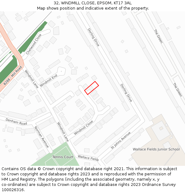 32, WINDMILL CLOSE, EPSOM, KT17 3AL: Location map and indicative extent of plot