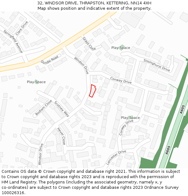 32, WINDSOR DRIVE, THRAPSTON, KETTERING, NN14 4XH: Location map and indicative extent of plot