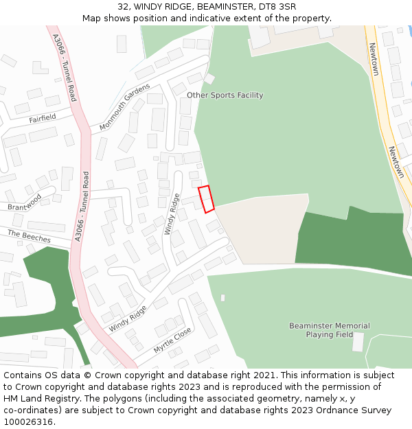 32, WINDY RIDGE, BEAMINSTER, DT8 3SR: Location map and indicative extent of plot
