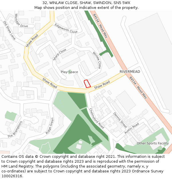 32, WINLAW CLOSE, SHAW, SWINDON, SN5 5WX: Location map and indicative extent of plot