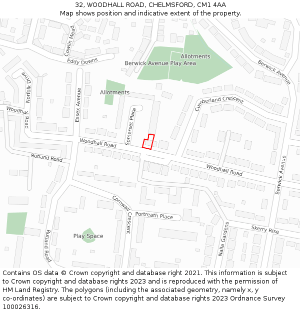 32, WOODHALL ROAD, CHELMSFORD, CM1 4AA: Location map and indicative extent of plot