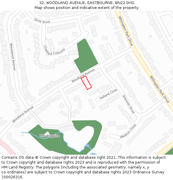 32, WOODLAND AVENUE, EASTBOURNE, BN22 0HG: Location map and indicative extent of plot