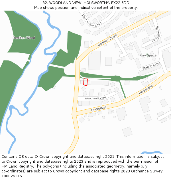 32, WOODLAND VIEW, HOLSWORTHY, EX22 6DD: Location map and indicative extent of plot