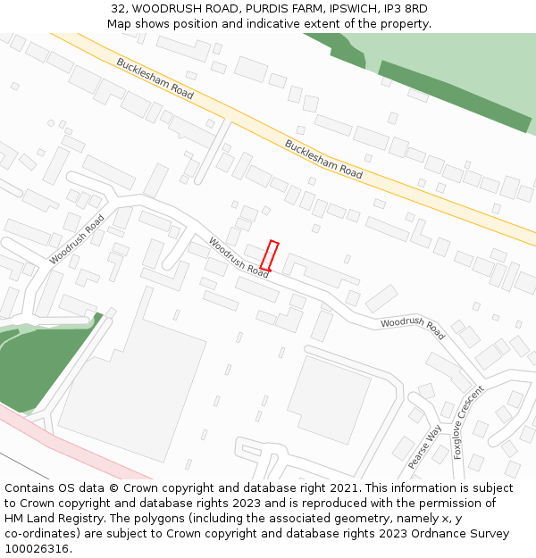 32, WOODRUSH ROAD, PURDIS FARM, IPSWICH, IP3 8RD: Location map and indicative extent of plot