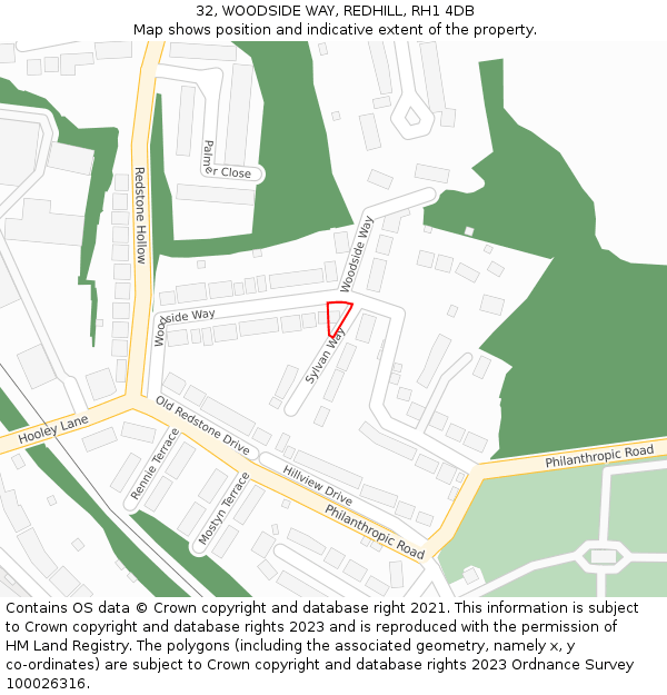 32, WOODSIDE WAY, REDHILL, RH1 4DB: Location map and indicative extent of plot