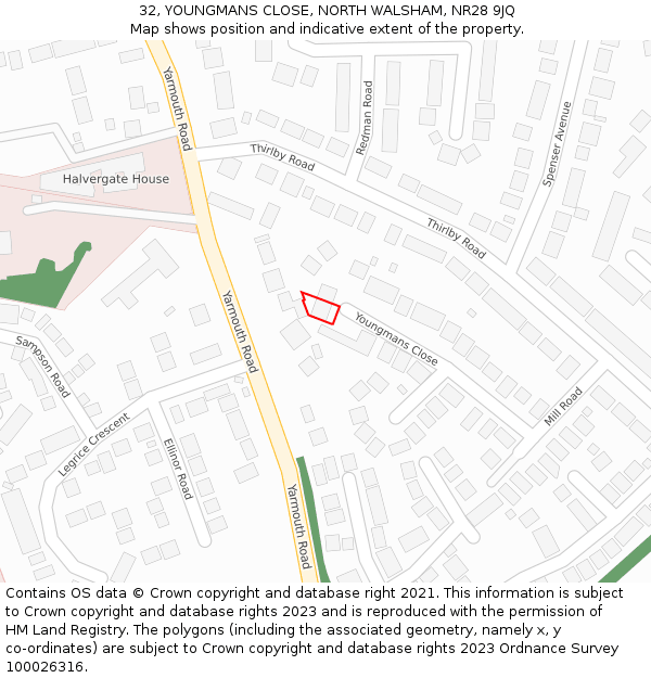 32, YOUNGMANS CLOSE, NORTH WALSHAM, NR28 9JQ: Location map and indicative extent of plot