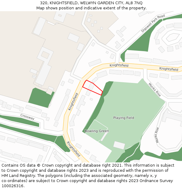 320, KNIGHTSFIELD, WELWYN GARDEN CITY, AL8 7NQ: Location map and indicative extent of plot