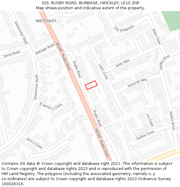 320, RUGBY ROAD, BURBAGE, HINCKLEY, LE10 2NP: Location map and indicative extent of plot