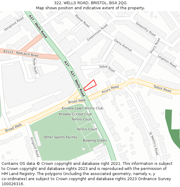 322, WELLS ROAD, BRISTOL, BS4 2QG: Location map and indicative extent of plot