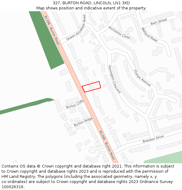 327, BURTON ROAD, LINCOLN, LN1 3XD: Location map and indicative extent of plot