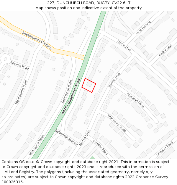 327, DUNCHURCH ROAD, RUGBY, CV22 6HT: Location map and indicative extent of plot