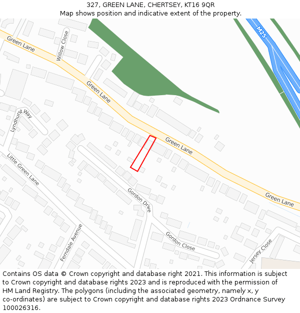 327, GREEN LANE, CHERTSEY, KT16 9QR: Location map and indicative extent of plot