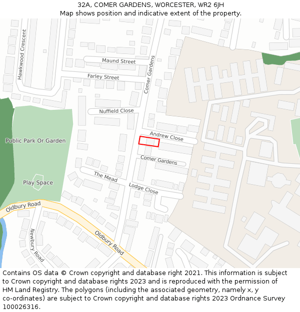 32A, COMER GARDENS, WORCESTER, WR2 6JH: Location map and indicative extent of plot
